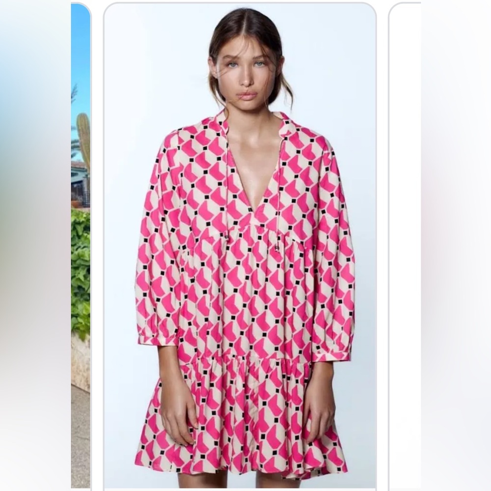 Zara Tiered Geometric Printed dress in pink and black - Size XS